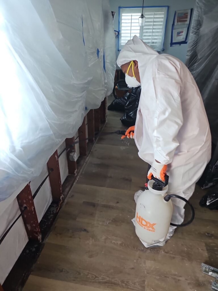 Antimicrobial treatment applied in a sealed hallway after a sewage backup in Santa Ana