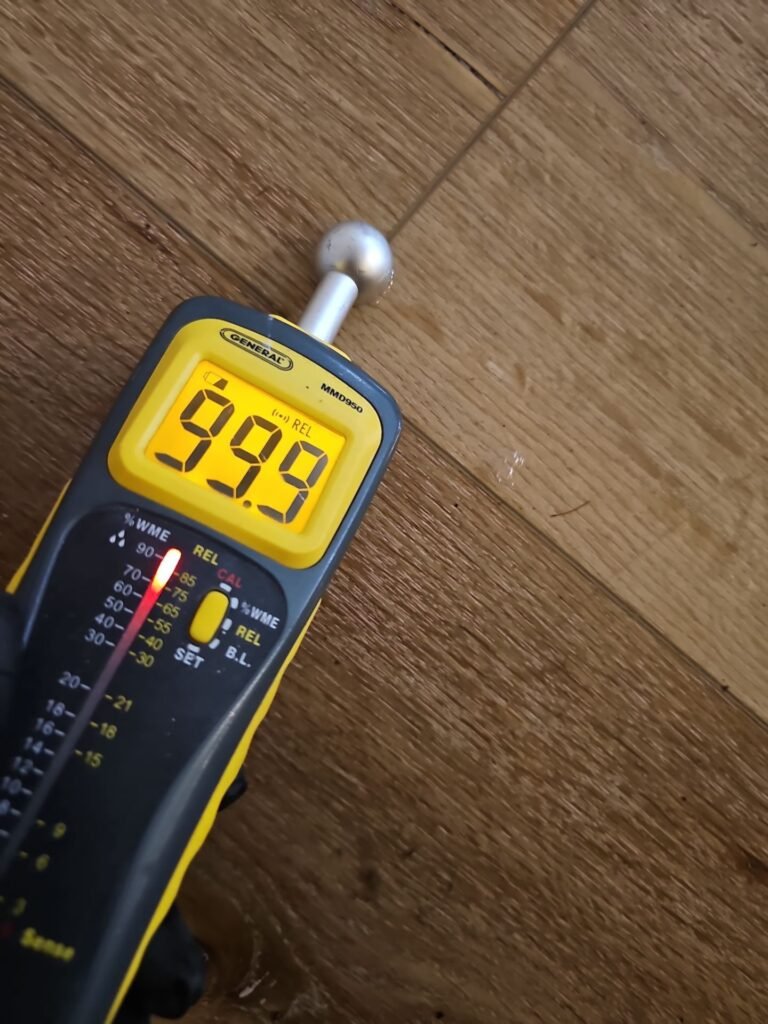 Moisture meter pegged at the top of its scale in a saturated Santa Ana wall