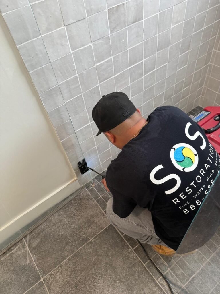 An SOS technician working a tiled bathroom with a red dehumidifier behind him in Santa Ana