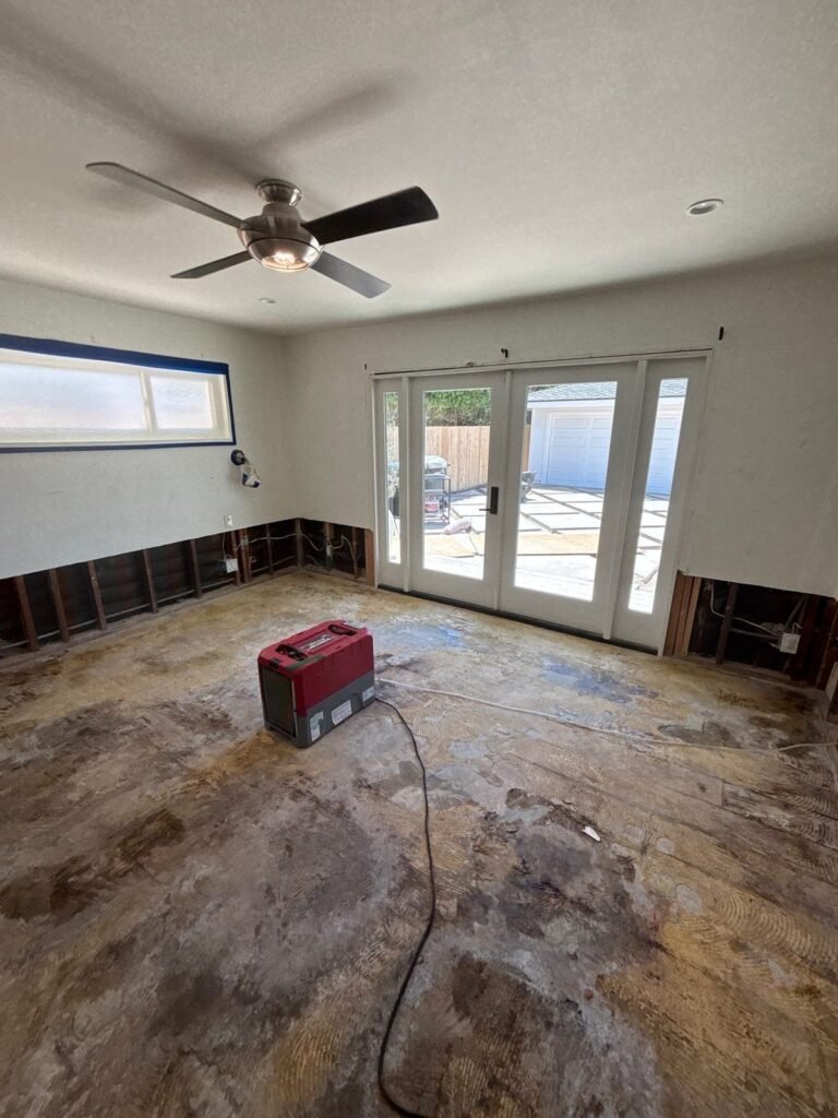 A living room with a ceiling fan, walls cut at the base and a dehumidifier running in Santa Ana