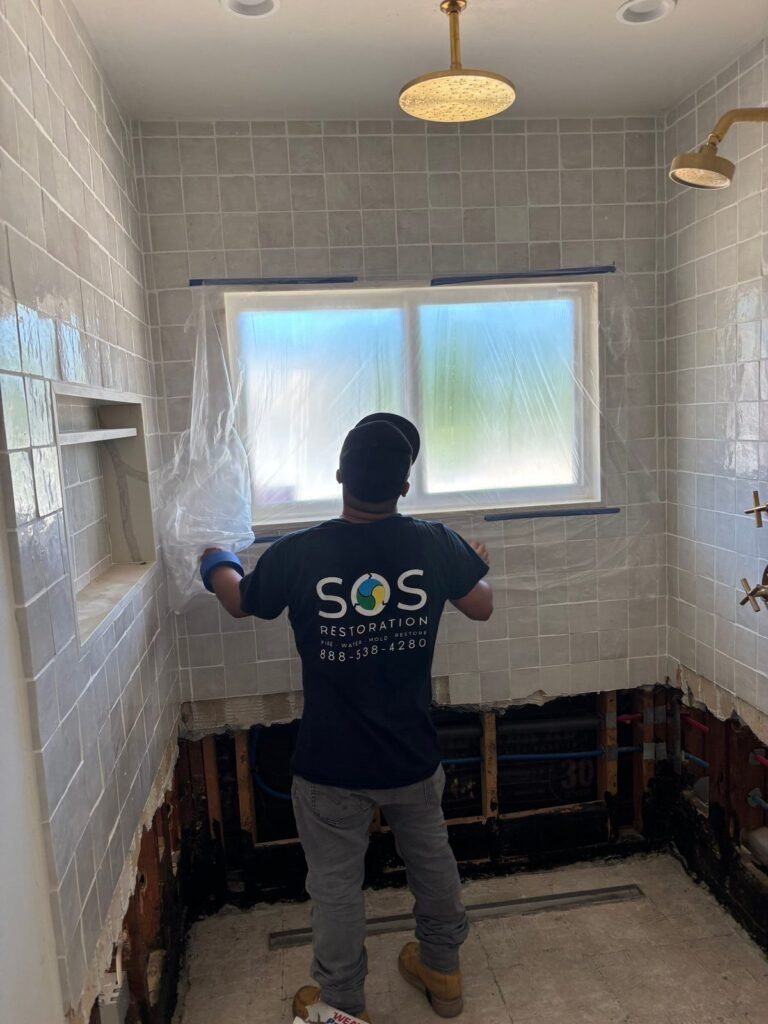 An SOS technician taping plastic over a bathroom window above the cut baseboard in Santa Ana