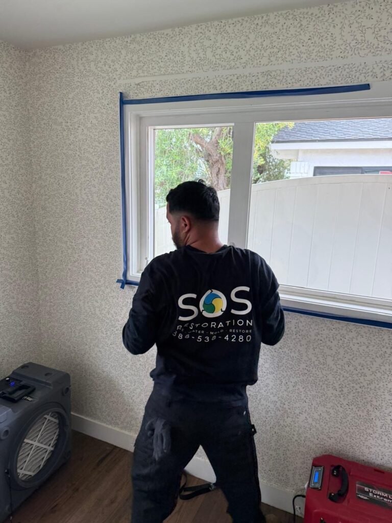 An SOS technician taping plastic over a window with drying equipment behind in Santa Ana